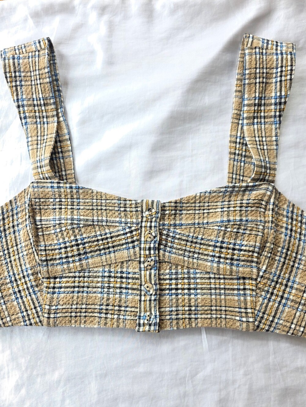 Madewell Tan and Blue Plaid Square-Neck Crop Top Size 2